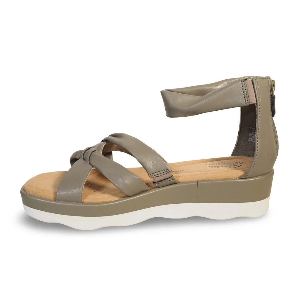 Clarks Clara Rae Wedge Sandals Womens 8.5M Olive Green Ankle Strap 61415466